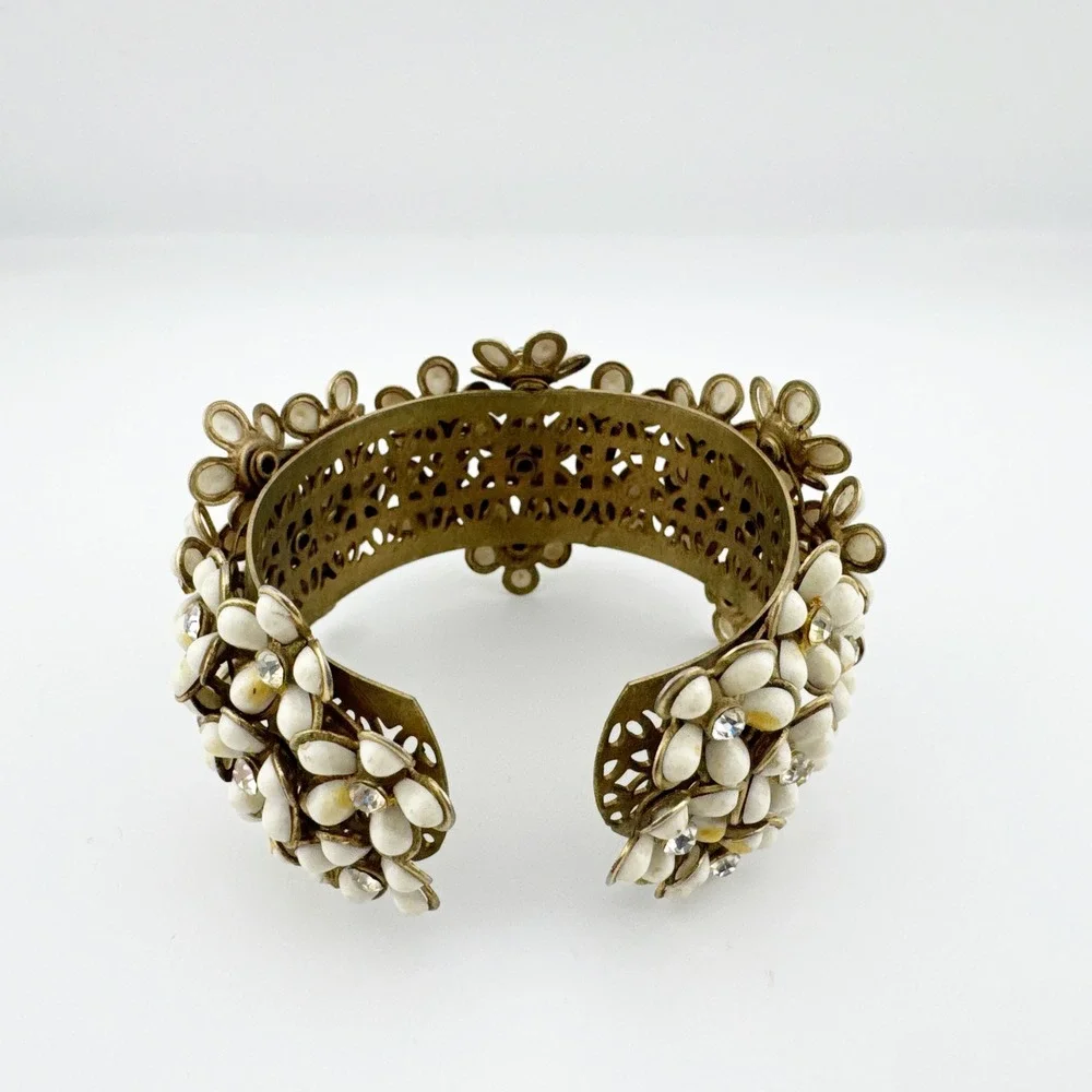 Vintage‎ Floral Rhinestone Cuff Bracelet White Enamel Flowers Gold Tone Bangle